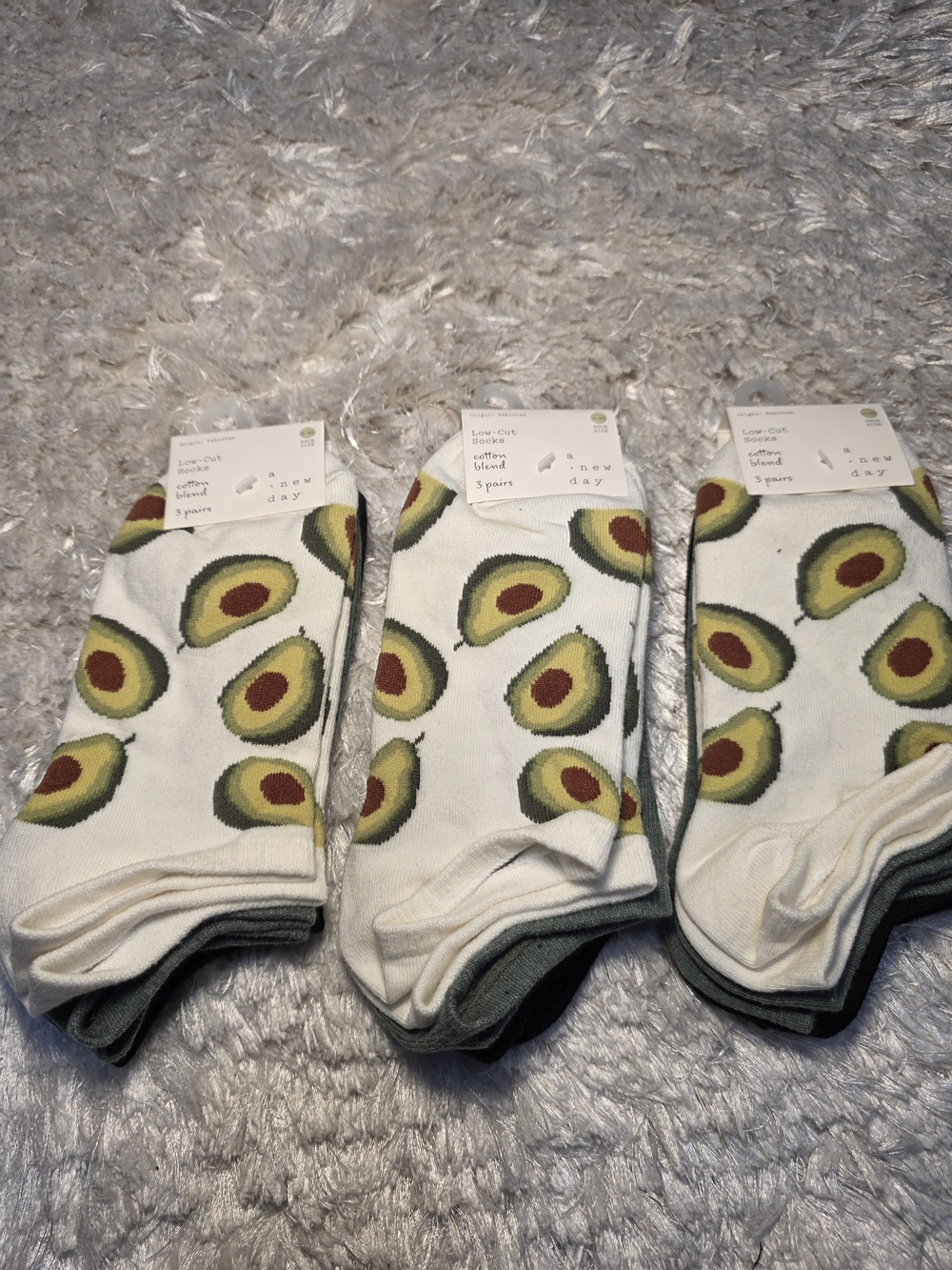 a new day White Low-Cut‎ Socks with Avocado Pattern - 3 Pack